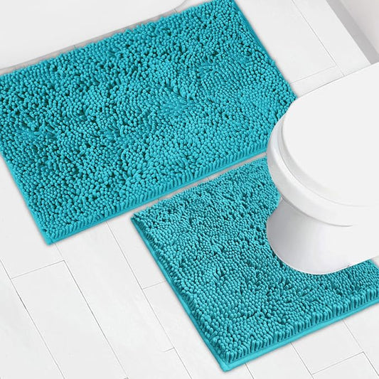 Bathroom Rugs Chenille Bath mat 2 Piece Set, Super Absorbent, Strong PVC Non Slip Backing, Bath mats for Bathroom, Plush Shaggy, Thick, Machine Washable, Bathtub, Toilet.(Turquoise)