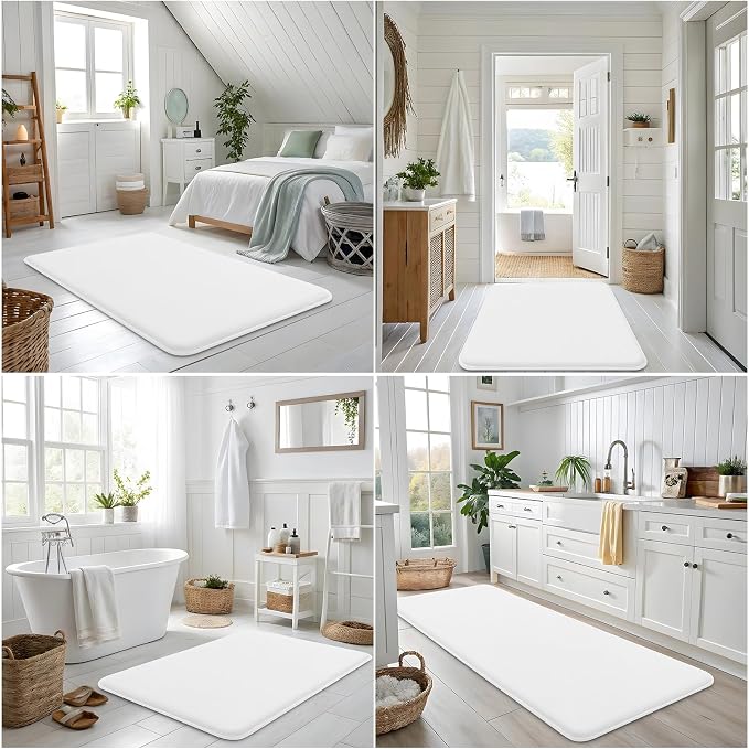 Smiry Memory Foam Bath Mat 47x24, Extra Soft and Absorbent Bathroom Rugs | White, Quick Dry Machine Washable Non-Slip Bath Mat for Bathroom Floor, Shower and Tub