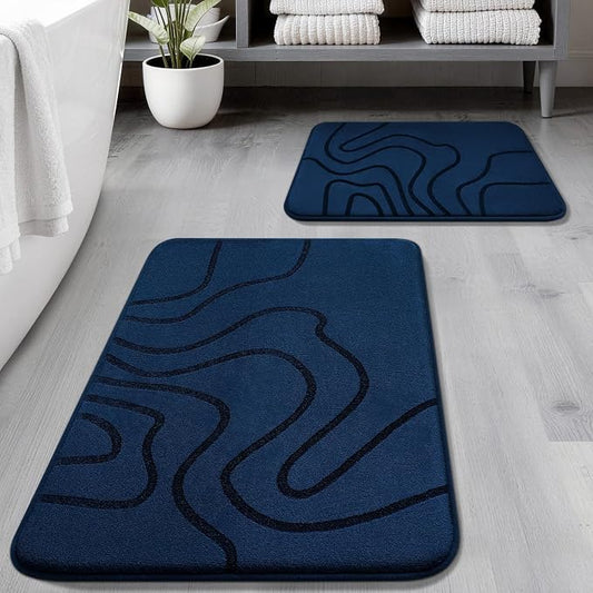 YIHOUSE Memory Foam Bathroom Rugs Sets 2 Piece, 32"x20"+24"x17", Dark Blue | Ultra Soft, Extra Thick Bath Mat, Absorbent, Non-Slip, Machine Washable, For Tub, Shower & Home Decor Accessories
