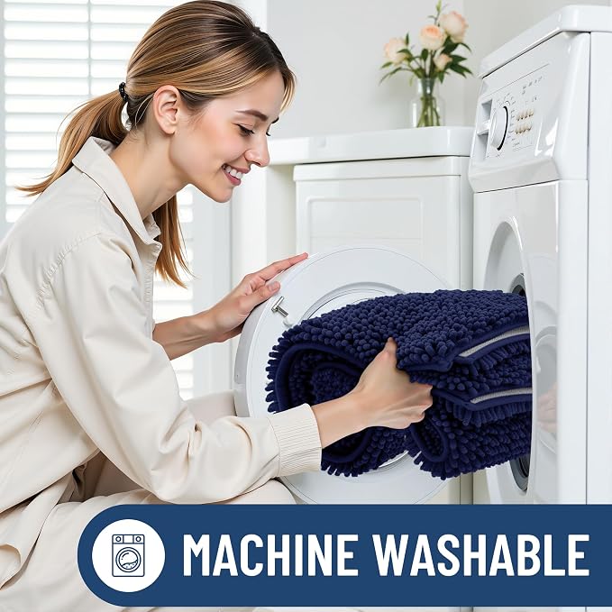 Smiry Chenille Bathroom Rugs Sets 2 Piece (36x24+24x16, Navy Blue) | Soft Absorbent Machine Washable Non Slip Shaggy Bath Rug Set for Tub, Shower, and Floor, Home Decor