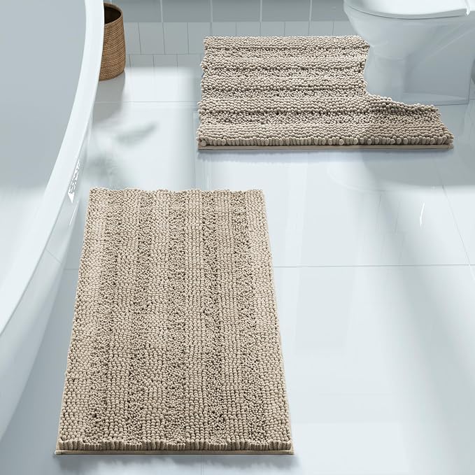 Yimobra U Shaped Toilet Rug Set, Absorbent Chenille, 24x17+24x20, Camel | Non Slip Machine Washable Quick Dry Bath Mat Set, Soft Plush Shower Rugs for Bathroom Floor Sink Tub and Shower Outside
