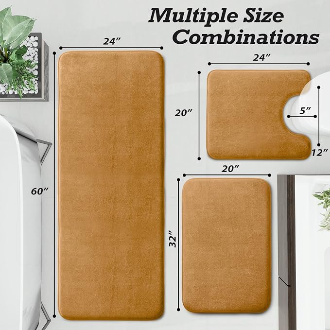 Bathroom Rugs Sets 3 Piece, Non-Slip & Quick Dry Bath Mat Set, Ultra Soft Velvet Bath Rugs for Bathroom, Toilet and Shower Floor, Khaki