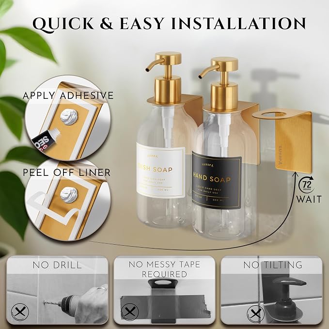 Shower Shampoo Dispenser Wall Mounted – 3 Refillable 16.9 oz Clear Bottles with Stainless Steel Pumps & No-Drill Adhesive Holders – Soap Dispenser Set for Bathroom (3 X Clear/Gold)
