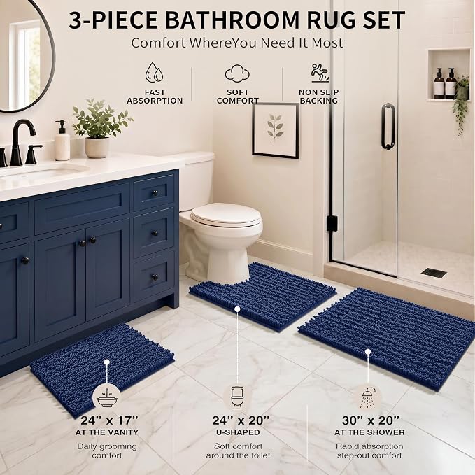 Yimobra Bathroom Rug Set 3 Piece, Super Absorbent Bath Mat Set, Navy Blue | Quick Dry Soft Chenille Bath Rugs & Toilet Rug, Non Slip Machine Washable, Extra Thick Shaggy Floor Mat for Shower Tub Sink