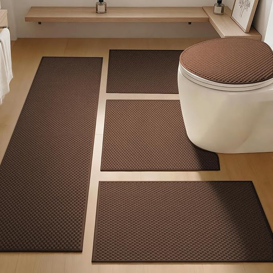 YIHOUSE Bathroom Rugs Sets 5 Piece Non Slip Washable, Absorbent Quick Dry Bath Mat Set with Toilet Mat, Weave Texture Low Profile Bath Rugs, Floor Mats for Bathroom, Tub & Shower, Brown