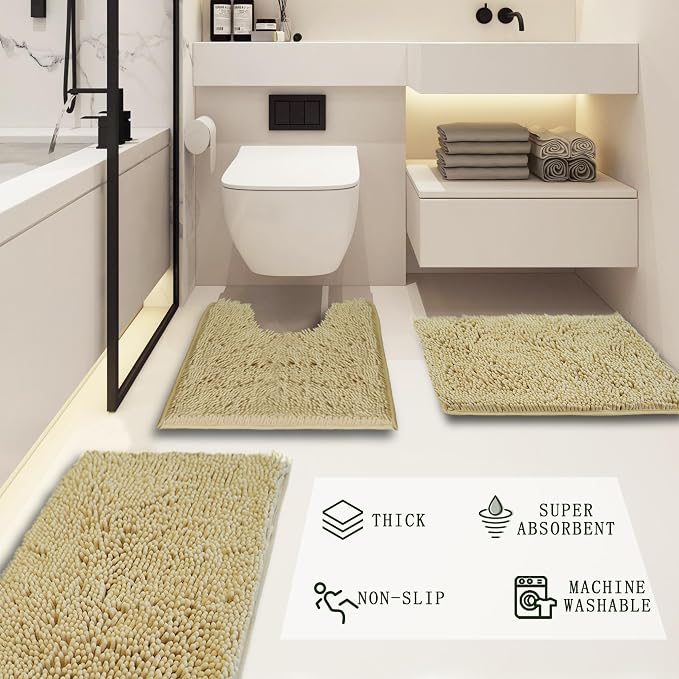 Bathroom Rugs Sets 3 Piece Non Slip,Bath Rugs with PVC Backing Bath Carpet,Bathroom Rug Washable,Absorbent,Plush Carpet Mats,Bath Mats for Bedroom, Kitchen,Tub,Home Decor(Camel)