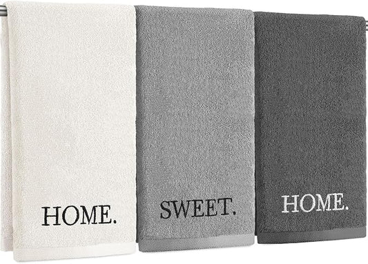 3 Pcs Hand Towels Bathroom Set,Gray,Home Sweet Home | Embroidered Cotton Farmhouse Towels, Kitchen Decor, Rustic Boho Decorative with Text Labels, Guest Bath Home