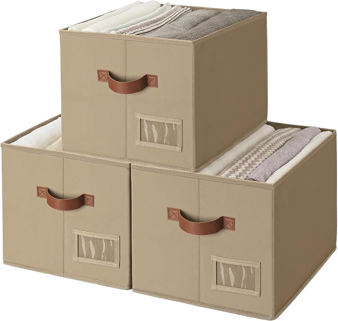 GRANNY SAYS Fabric Storage Bins with Handles, Collapsible Storage Baskets for Shelves, Closet Organizers and Storage Bins, Storage Boxes for Clothes, Brown, Large, 3-Pack