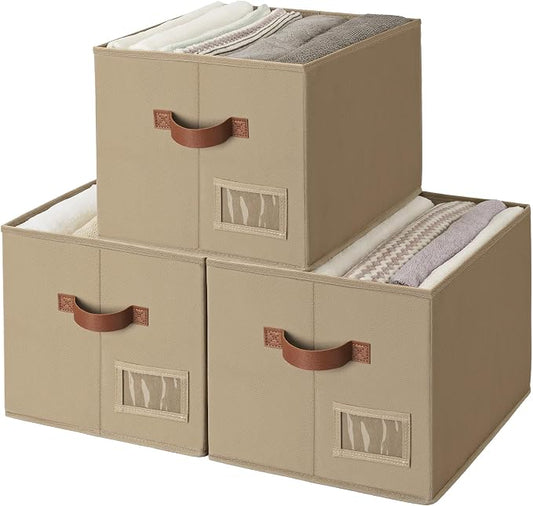 GRANNY SAYS Fabric Storage Bins with Handles, Collapsible Storage Baskets for Shelves, Closet Organizers and Storage Bins, Storage Boxes for Clothes, Brown, Large, 3-Pack