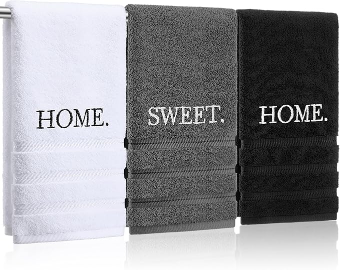 3 Pcs Hand Towels Bathroom Set,Black,Home Sweet Home | Embroidered Cotton Farmhouse Towels, Kitchen Decor, Rustic Boho Decorative with Text Labels, Guest Bath Home