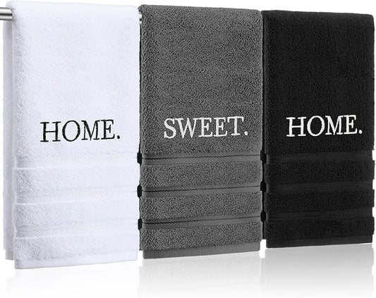 3 Pcs Hand Towels Bathroom Set,Black,Home Sweet Home | Embroidered Cotton Farmhouse Towels, Kitchen Decor, Rustic Boho Decorative with Text Labels, Guest Bath Home