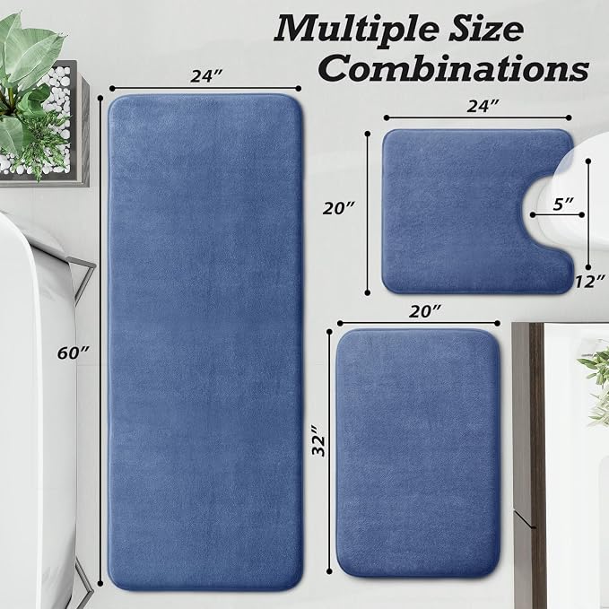 Bathroom Rugs Sets 3 Piece, Non-Slip & Quick Dry Bath Mat Set, Ultra Soft Velvet Bath Rugs for Bathroom, Toilet and Shower Floor, Dusty Blue