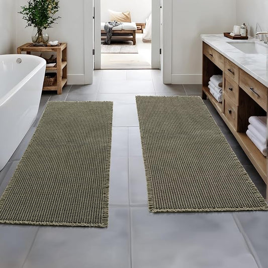 MIULEE Set of 2 Waffle Bathroom Runner Rugs Green 2'x6'(24"x72") | Non Slip, Super Absorbent, Washable, Ultra Soft, Boho Bath Mats for Bathroom Hallway Bedroom Laundry Room Kitchen
