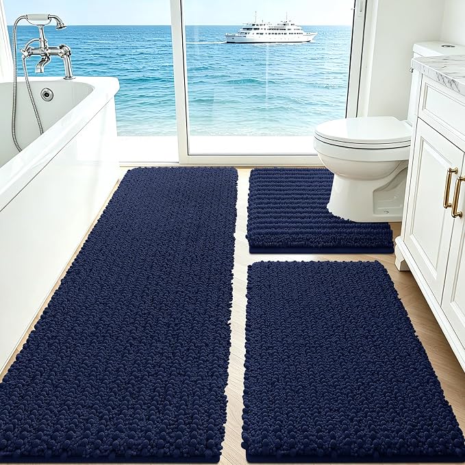 ACCUMTEK Upgrade Extra Large Navy Blue Bathroom Rug Set 3 Pieces Ultra Soft, Thick Absorbent Bath Mats, Non Slip Chenille Toilet Mat for Bathroom, Bedroom, Kitchen