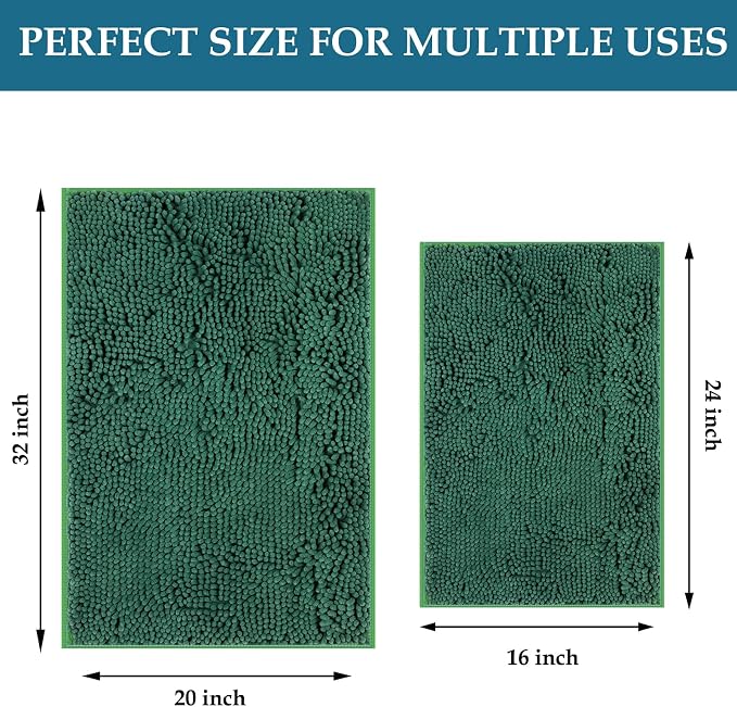 Luxury Bathroom Rug Mat 24x16+20x32, Extra Soft and Absorbent Chenille Bath Rugs, Plush Shaggy Bathroom Carpet, Non-Slip Bathtub Mat, Bath Mats for Bathrooms Floor, Tub and Shower, Deep Green