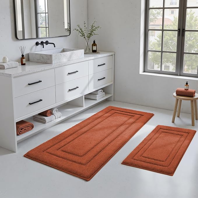 HOMEIDEAS Bathroom Rugs Sets 2 Piece, Extra Long Bath Mat Burnt Orange | Super Soft and Absorbent Non Slip Microfiber Bath Rug，Machine Washable, for Bathroom, 20" x 47" + 16" x 24"