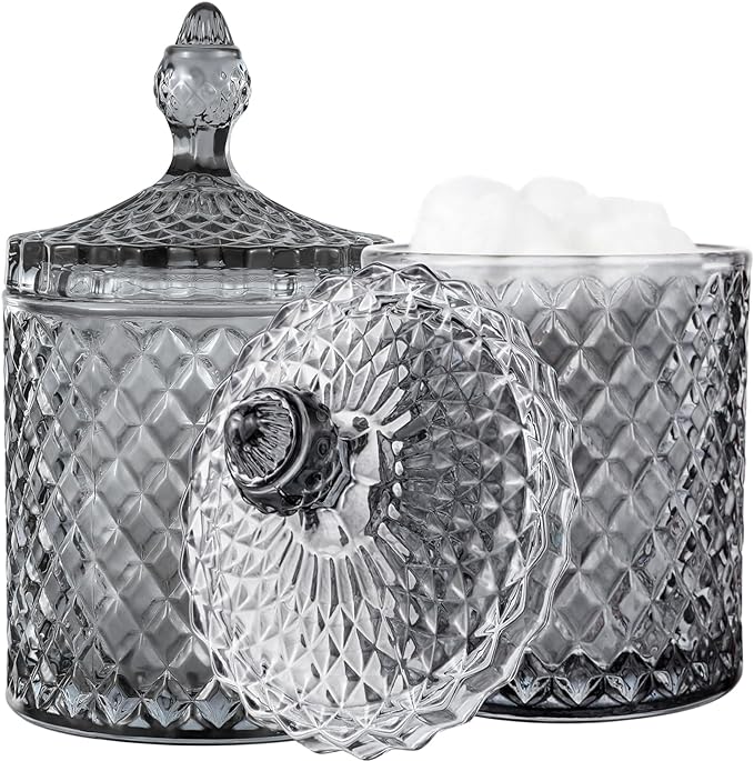 2 Pack Qtip Holder Glass Apothecary Jars with Lid for Bathroom Canisters Dispenser Decor Storage Organizer for Cotton Swabs, Balls, Pads, Floss Picks, Candy, Grey