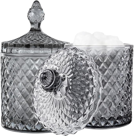 2 Pack Qtip Holder Glass Apothecary Jars with Lid for Bathroom Canisters Dispenser Decor Storage Organizer for Cotton Swabs, Balls, Pads, Floss Picks, Candy, Grey