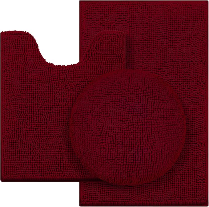 HOMEIDEAS 3 Pieces Burgundy Bathroom Rugs Set, Ultra Soft Non Slip Bath Rug and Absorbent Chenille Bath Mat, Includes U-Shaped Contour Rug, Bath Mat and Toilet Lid Cover, Perfect for Bathroom, Tub