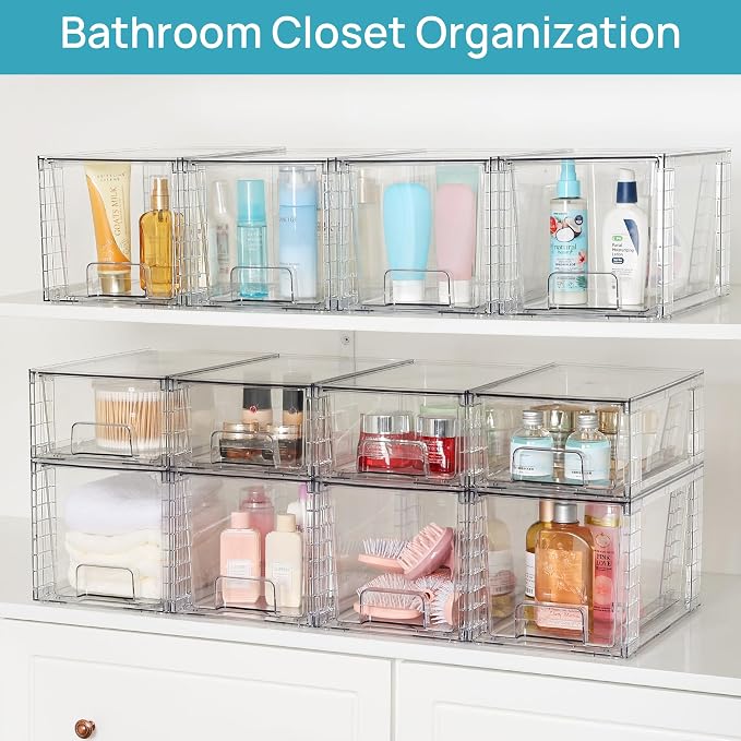 Vtopmart 4 Pack Large Stackable Storage Drawers,Easily Assemble Acrylic Bathroom Closet Undersink Organizers and Storage,Plastic Bins for Kitchen Cabinets,Pantry,Makeup,Medicine Organization