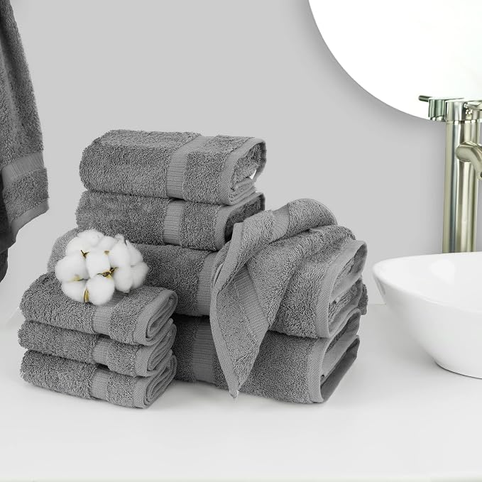 Chakir Turkish Linens 100% Cotton 8-Piece Towel Set, Gray | 100% cotton 8-pc set, OEKO-TEX certified: 2 bath 27x54, 2 hand 16x30, 4 washcloths 13x13