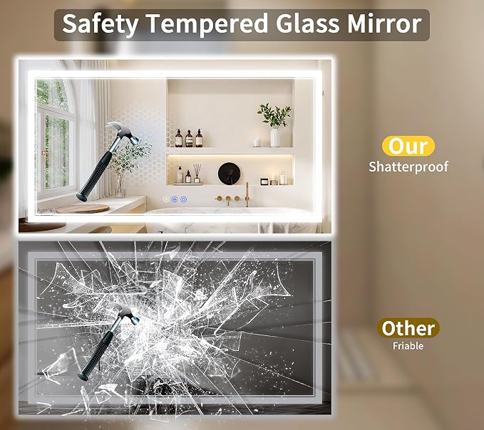 36"x55" LED Bathroom Mirror with Lights, Anti-Fog, Backlit + Front Lit, Dimmable, Led Vanity Mirror for Wall, Lighted Bathroom Mirror, 3 Colors, Shatter-Proof Tempered Glass