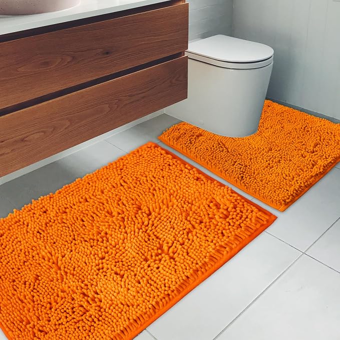 Bathroom Rugs Chenille Bath mat 2 Piece Set, Super Absorbent, Strong PVC Non Slip Backing, Bath mats for Bathroom, Plush Shaggy, Thick, Machine Washable, Bathtub, Shower, Toilet.(Orange)