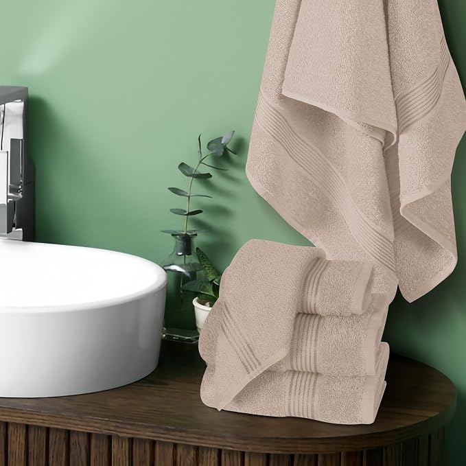 Ultra Soft 6 Pack Cotton Towel Set, Contains 2 Bath Towels 28x55 inch, 2 Hand Towels 16x24 inch & 2 Wash Coths 12x12 inch, Ideal Everyday use, Compact & Lightweight - Tan