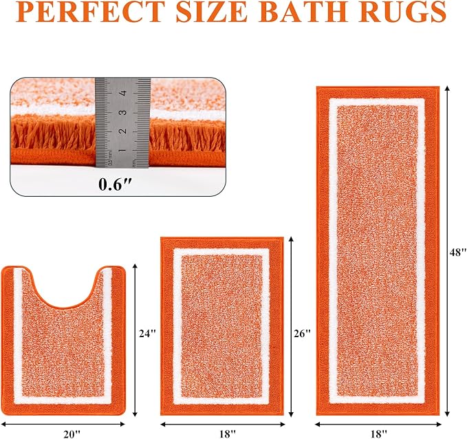 Pauwer Bathroom Rugs 3 Piece Set, Non Slip Washable Bath Mat, Orange | Soft Plush Microfiber, Super Absorbent Floor Carpet, U Shaped Toilet Mats, Quick Dry, Shaggy Shower Rugs Runners