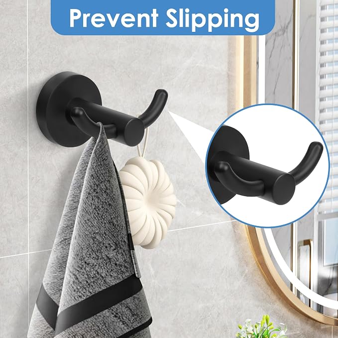 Black Towel Hooks, Bathroom Robe Hook 2 Pack, Towel Hooks Rack Bath Modern Coat Clothes Single Hook Wall Mounted for Bathroom Kitchen Washroom