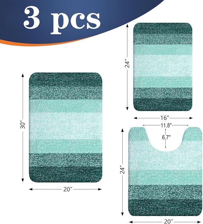 OLANLY Microfiber Bathroom Rugs Sets 3 Piece, 30"x20"+24"x16"+24"x20" | Blackish Green, Soft Absorbent Bath Mats and U-Shaped Contour Toilet Rug, Machine Wash Dry, Plush Bath Mat Set for Bathroom