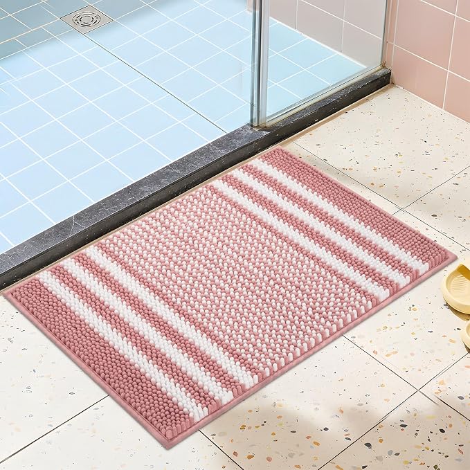 Bathroom Rugs, 17x24 Chenille Bath Mats, Dusty Pink | Extra Soft Absorbent, Non Slip Striped, Quick Dry Machine Washable, Modern，Shower Rug for Bathroom Bedroom Decor