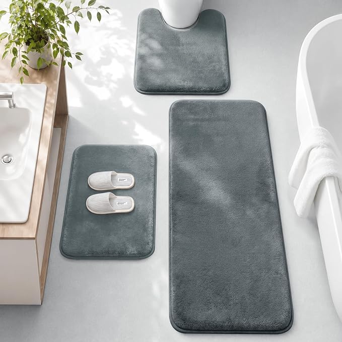 HUXMEYSON 3-Piece Memory Foam Bathroom Rug Set, Grey | Quick Dry Velvet Surface, Non-Slip & PVC Backing, Ultra Soft Bath Rugs for Bathroom, 17"x24"+20"x48"+U Shape 20"x24"
