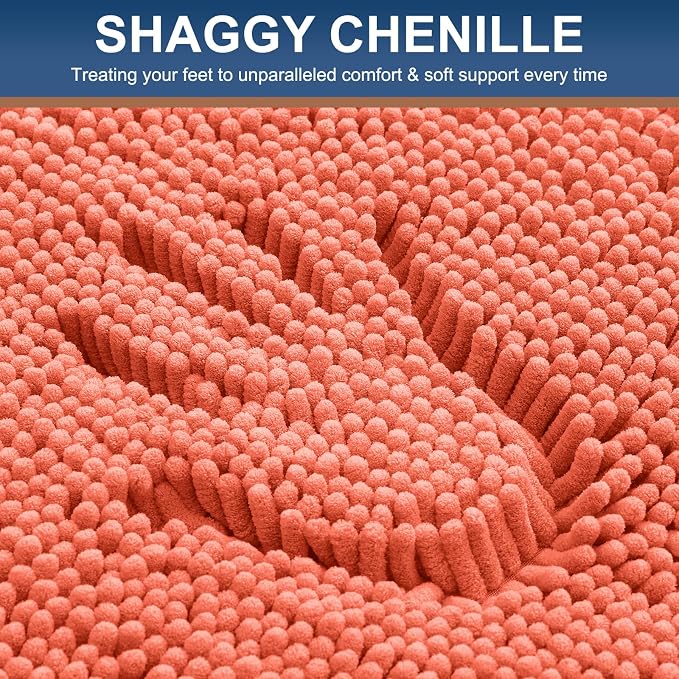 Smiry Chenille Bathroom Rugs Sets 2 Piece (30x20+ U Shape 24x20, Coral) | Soft Absorbent Machine Washable Non Slip Shaggy Bath Rug Set for Tub, Shower, and Floor, Home Decor