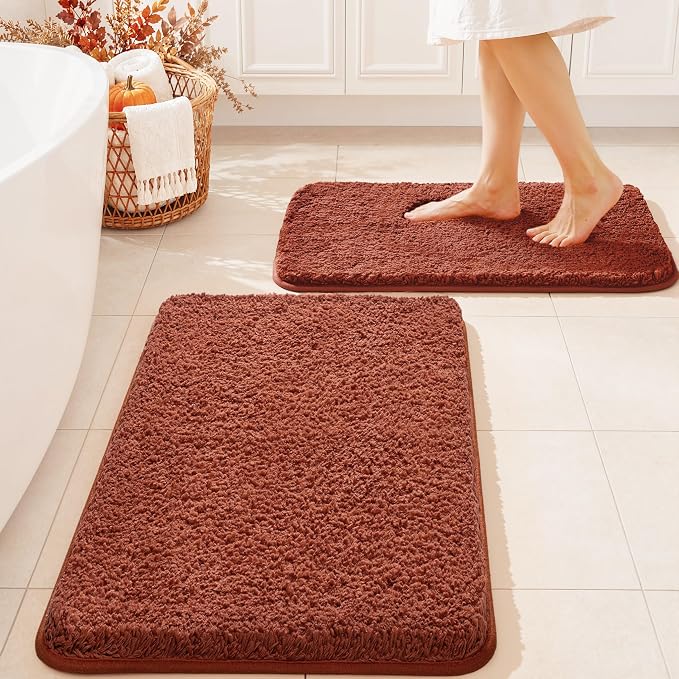 MIULEE Fall Rust Bathroom Rugs Set 2 Piece Soft Bath Mats 16x24+20x30 Inch | Soft Absorbent Microfiber Bath Rugs, Non Slip, Quick Dry, Fluffy Bath Rugs for Bathroom Floor Tub Showers, Machine Washable