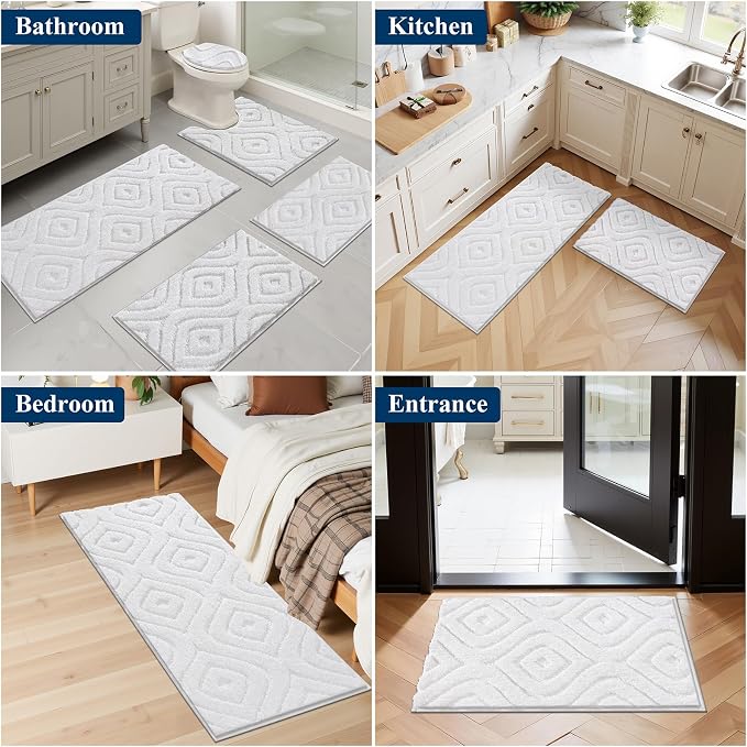 Ileading Bathroom Rugs Sets 5 Piece, Non Slip Washable Bath Mat Set | Absorbent Plush Microfiber Bathroom Mat Set with Toilet Cover, Bath Runner and U-Shaped Contour Rug for Tub, Shower, White