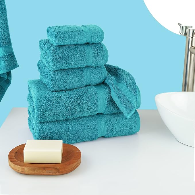 Chakir Turkish Linens 100% Cotton 6-Piece Towel Set, Aqua | 100% cotton 6-pc set, OEKO-TEX certified: 2 bath 27x54, 2 hand 16x30, 2 washcloths 13x13