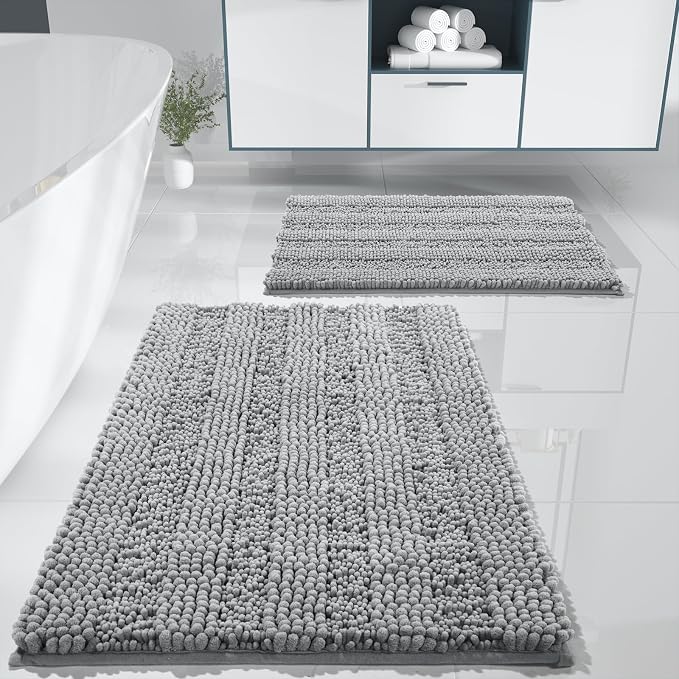 Yimobra Bathroom Rug Set 2 Piece, Absorbent Bath Mat Set, 32x20+24x17, Gray | Soft Plush Chenille Shower Rugs for Bathroom Floor Sink Tub and Shower Outside, Non Slip Machine Washable Quick Dry