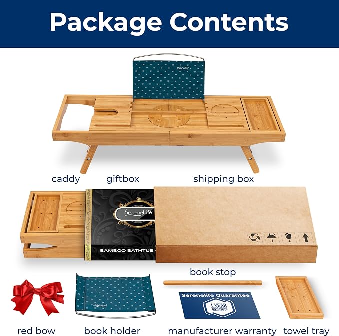 SereneLife 2 in 1 Bed and Bath Tray - Foldable Bamboo Bathtub Caddy with Adjustable Length, Non-Slip, Device Holder, Wine Glass Slot, Expandable for Comfortable Bathing, Natural, 2in1, Folding Set