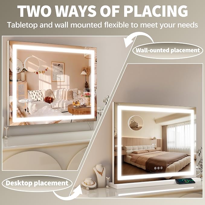 FENNIO 23" x 18" Vanity Mirror with Lights，LED Makeup Mirror，Hollywood Mirror with 3 Color Modes & Adjustable Brightness，Vanity Mirror Square White