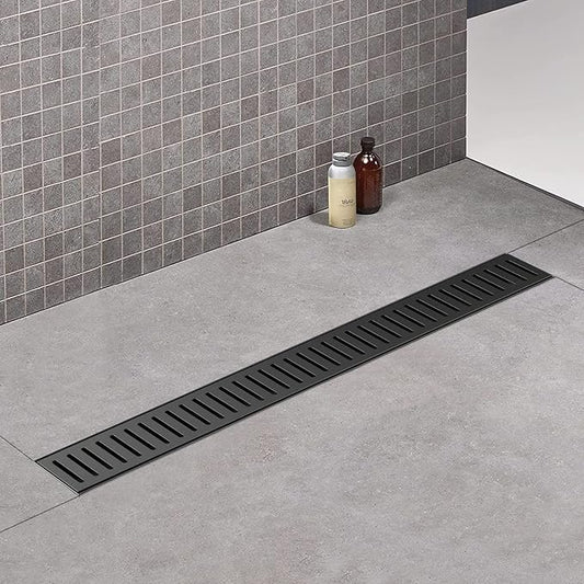 Linear Shower Drain 32 inch Black, Brushed 304 Stainless Steel | Leveling Feet,Bar Pattern Grate, High Flow Drainage, Detachable Hair Catcher for Bathroom Shower Renovation