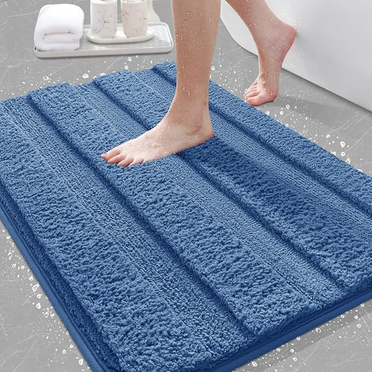 Striped Bathroom Rugs, Ultra Soft Plush Fluffy Microfiber Absorbent Bath Mat, Non-Slip Backing, Machine Washable Bath Mats for Bathroom Floor, Tub and Shower, Home Decor, Blue/36"x24"