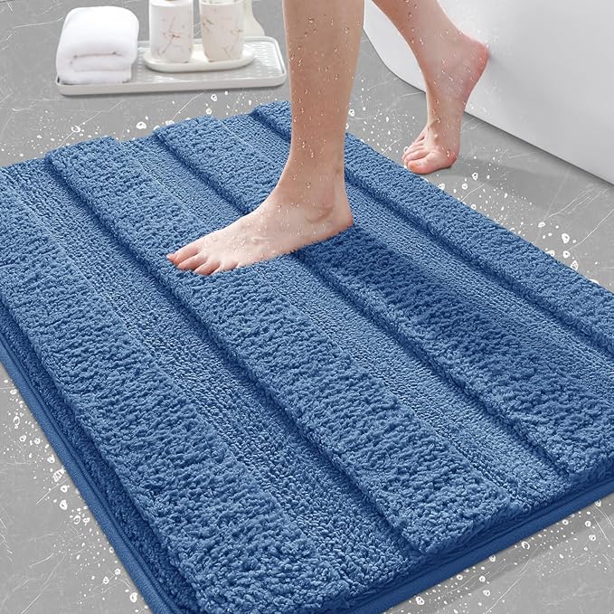 Striped Bathroom Rugs, Ultra Soft Plush Fluffy Microfiber Absorbent Bath Mat, Non-Slip Backing, Machine Washable Bath Mats for Bathroom Floor, Tub and Shower, Home Decor, Blue/32"x20"