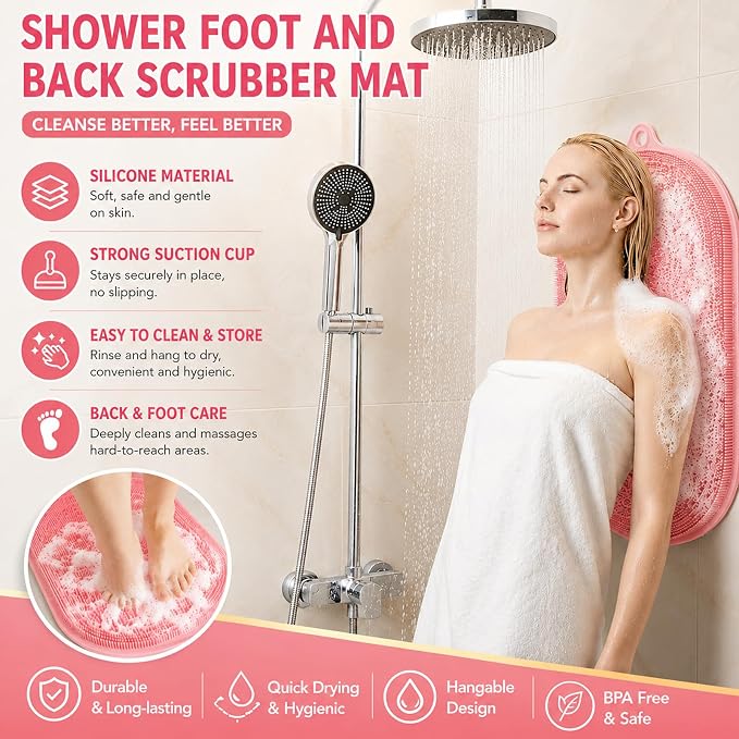 21.3" Silicone Foot & Back Scrubber Mat, Non-Slip Suction Cups Pink | Strong Suction Cups, Non-Slip,Large, Silicone, Easy-Clean, Hangable