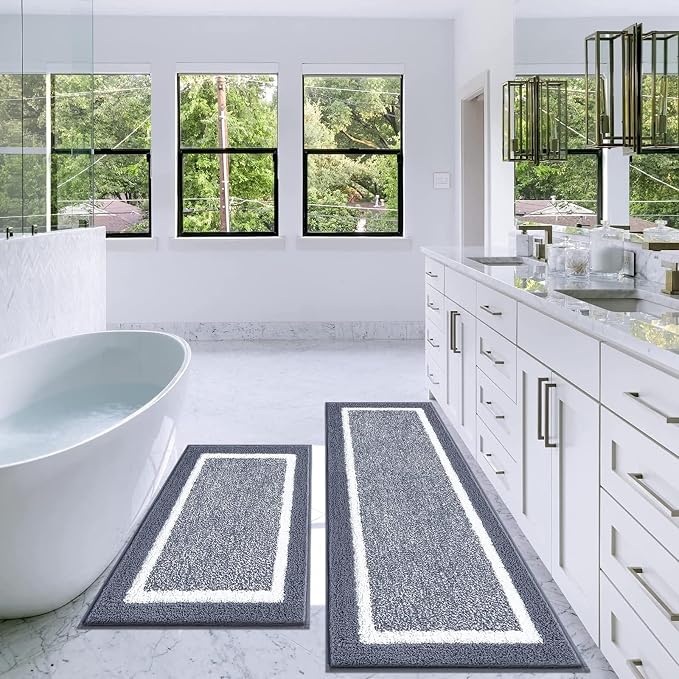 Pauwer Bathroom Rugs Sets 2 Piece, Non Slip Washable Bath Mat, Dark Grey | Soft Plush Microfiber, Super Absorbent Floor Carpet, Quick Dry, Shaggy Shower Rug Runner