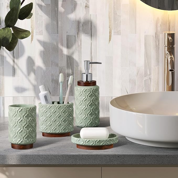 RQYIXI Ceramic 4-Piece Bathroom Accessories Set,Sage Green | Countertop Essentials Embossed Textured Design Solid Wood Non-Slip Detail Sage Green Finish