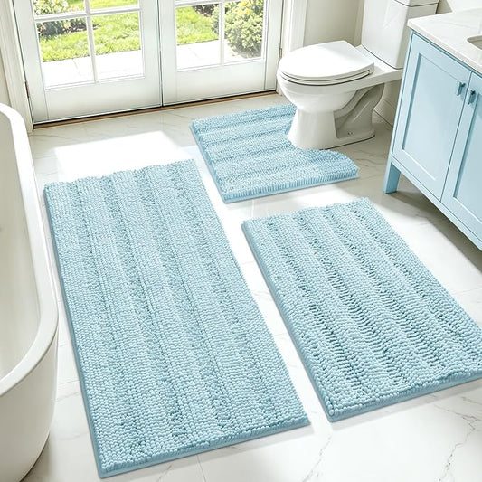 Striped Spa Blue Bathroom Rug Set 3 Pieces Ultra Soft, Non Slip Chenille Bath Carpet, Absorbent Plush Shaggy Bath Mats for Bathroom, Toilet, Bedroom, Kitchen