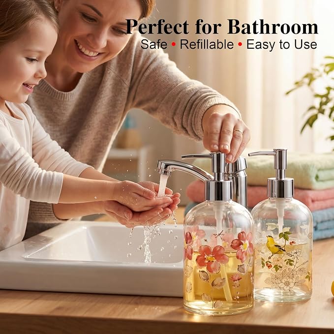 Topadorn Hand and Dish Soap Dispenser Set, 2 Pack 17oz Glass Soap Dispensers with Pump, Refillable Kitchen Soap Bottles, Floral & Goldfinch Decorative Bathroom Counter Decor