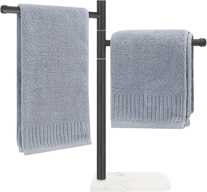 Standing Hand Towel Holder, Hand Towel Stand with Marble Base, 304 Stainless Steel Towel Rack with 2 Swivel Arm, Countertop Stand Towel Ring Towel Bar for Bathroom (Matte Black)