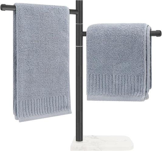 Standing Hand Towel Holder, Hand Towel Stand with Marble Base, 304 Stainless Steel Towel Rack with 2 Swivel Arm, Countertop Stand Towel Ring Towel Bar for Bathroom (Matte Black)